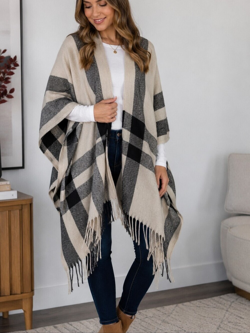 Banana Republic Erin Plaid Cashmere Blend Wrap Poncho OS NWT Neutral Fringe